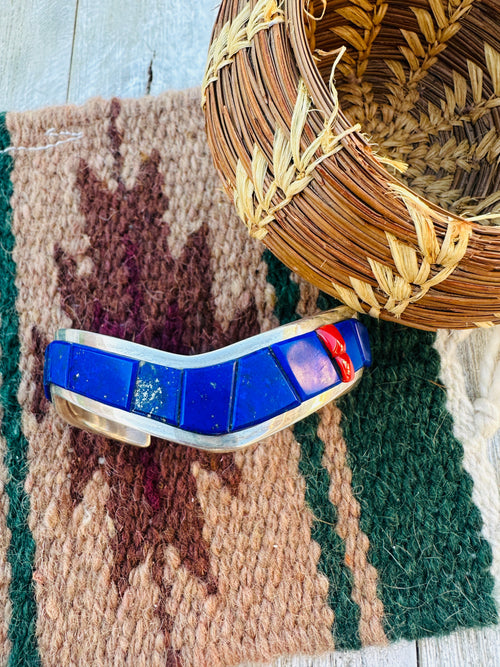 Handcrafted Old Pawn Sterling Silver, Lapis & Coral Inlay Cuff Bracelet by The Dukepoos