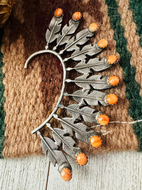 Navajo Orange Spiny & Sterling Silver Feather Cuff Earring (Left Side)