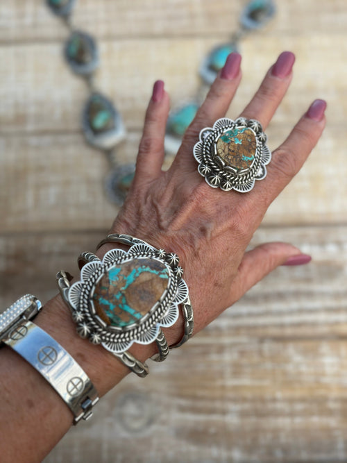 Charles Johnson Navajo Royston Turquoise & Sterling Silver Necklace, Bracelet and Ring  Set Signed