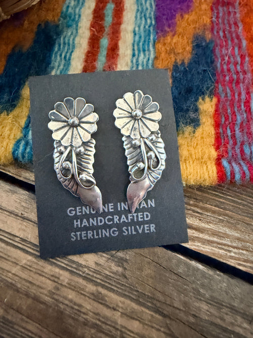 Handcrafted Old Pawn Sterling Silver Flower Post Earrings by Max Calabaza