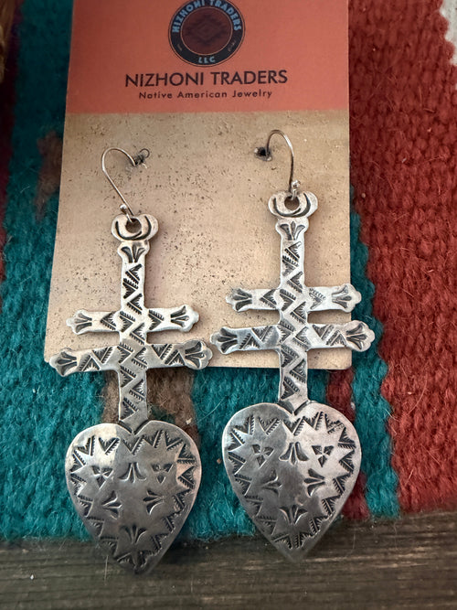 Old Pawn Handcrafted Sterling Silver Heart Cross Dangle Earrings