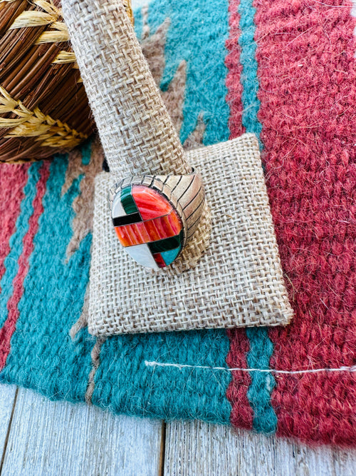 Old Pawn Handcrafted Multi Stone & Sterling Silver Inlay Ring Size 13