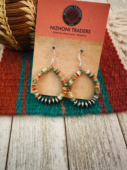 Handcrafted Spiny Oyster, Turquoise & Sterling Silver Beaded Dangle Hoop Earrings
