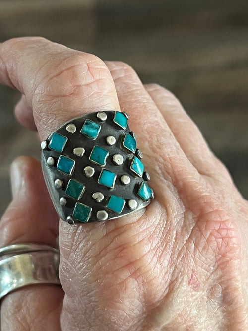 Old Pawn Sterling Silver and Diamond Turquoise Snake Eye Cigar Band Style Ring, Size 10.5