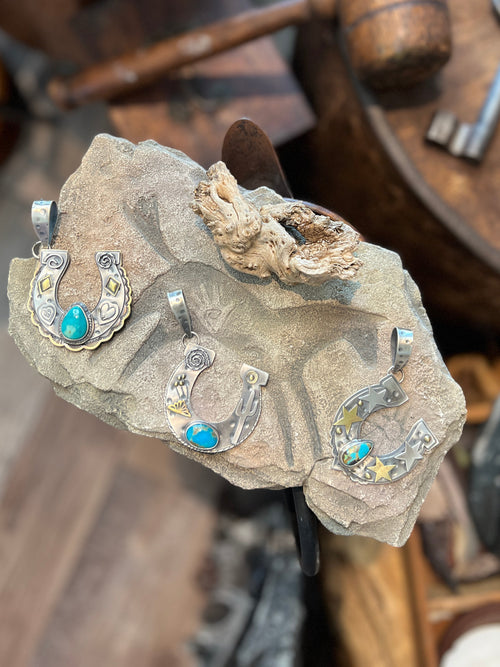Kimari Somers Hand Stamped Sterling Silver Heart Motif Horseshoe Pendant with Brass & Royston Turquoise