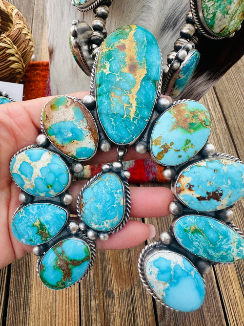 Handcrafted Sonoran Mountain Turquoise & Sterling Silver Squash Blossom Necklace and Earring Set