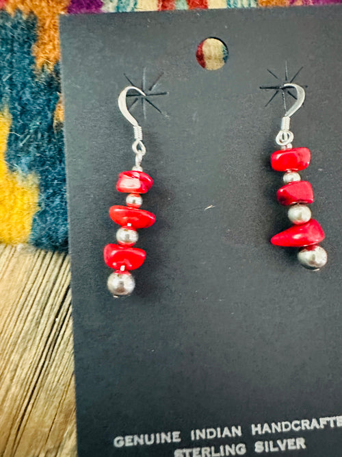 Handcrafted Apple Coral & Sterling Silver Beaded Dangle Earrings