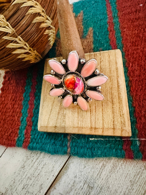 Navajo Sterling Silver, Queen Pink Conch & Pink Dream Cluster Adjustable Ring