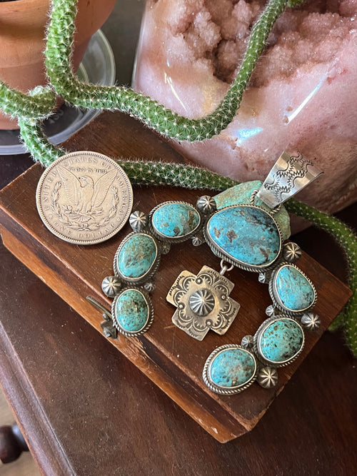 Apache Made Sterling Silver and Egyptian Turquoise Naja Pendant by Rosella Paxson