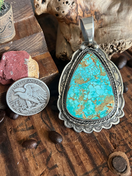 Hand Stamped Sterling Silver & Royston Turquoise Pendant by Kimari Somers
