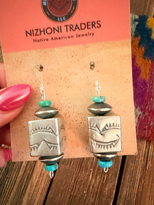Handcrafted Turquoise & Sterling Silver Pearl Beaded Dangle Earrings