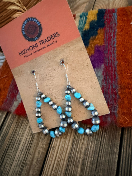 Handcrafted Turquoise & Sterling Silver Pearl Beaded Dangle Hoop Earrings