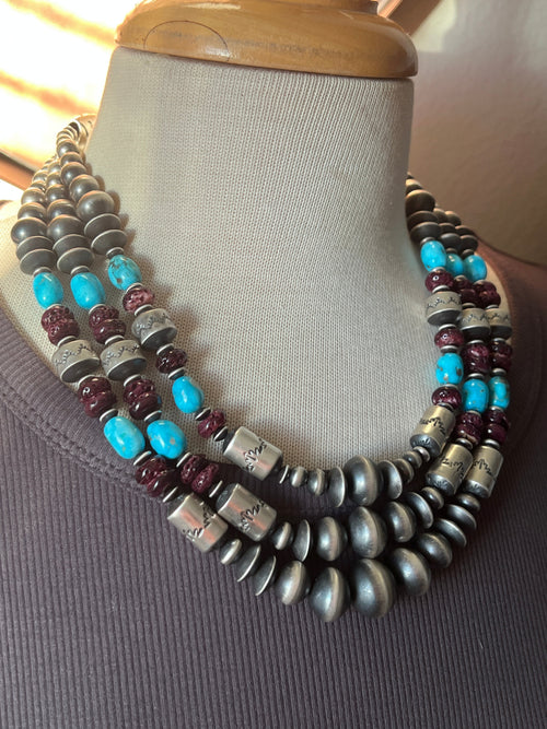 Rose Martin Handcrafted Triple Strand Sterling Silver, Spiny Oyster and Sonoran Mountain Bead Necklace