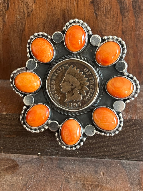 Apache Sterling Silver, Indian Head Penny and Spiny Oyster Shell Cluster Ring by Rosella Paxson, Size 9