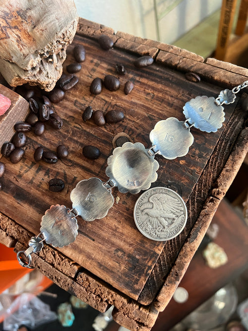 Raymond Coriz Sterling Concho Link Bracelet with Spiny Oyster Shell