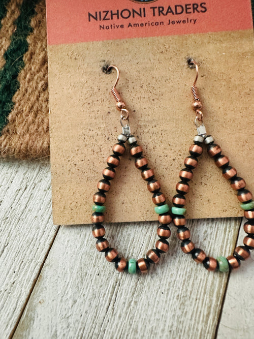 Navajo Copper & Turquoise Beaded Dangle Hoop Earrings