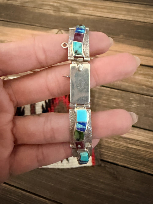 Handcrafted Old Pawn Sterling Silver & Multi Stone Inlay Link Bracelet