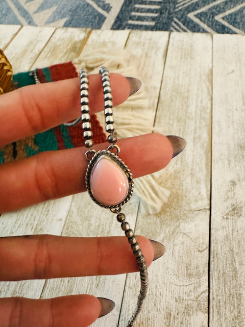 Navajo Queen Pink Conch & Sterling Silver Pearl Beaded Lariat Necklace