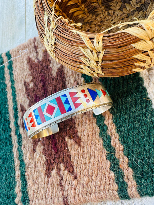 Handcrafted Old Pawn Sterling Silver & Multi Stone Inlay Cuff Bracelet by R.N. Laconsello