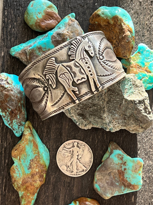 Hand Forged Old Pawn Sterling Silver Ingot Cuff Bracelet by Santa Fe Artist, Buffalo: The Equine