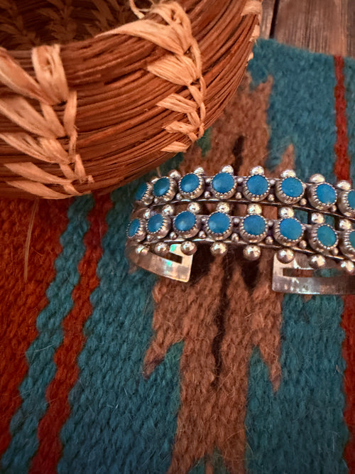 Handcrafted Old Pawn Sterling Silver & Turquoise Petit Point Cuff Bracelet