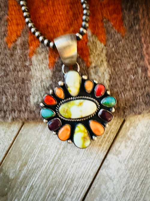 Navajo Electric Rainbow Turquoise, Spiny & Sterling Silver Cluster Pendant by Angela Martin