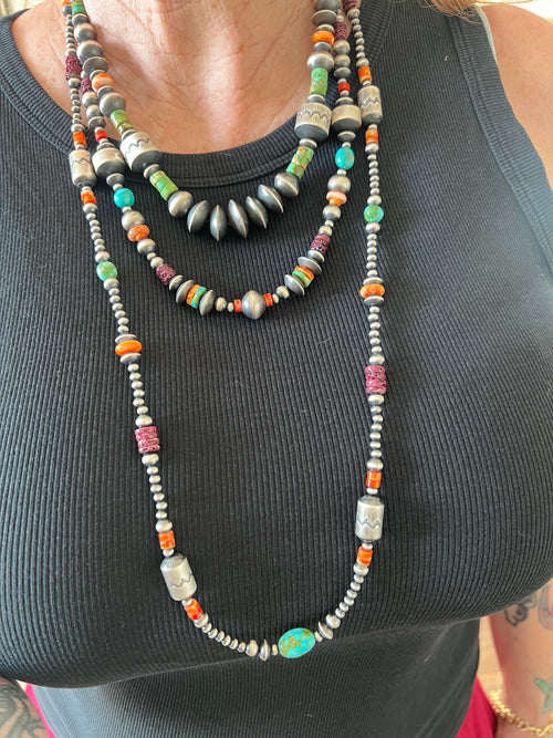 Navajo Made Electric Rainbow Sterling Silver, Turquoise and Spiny Oyster Single Strand Beaded Necklace by Rose Martin, 20 + 2 Inches
