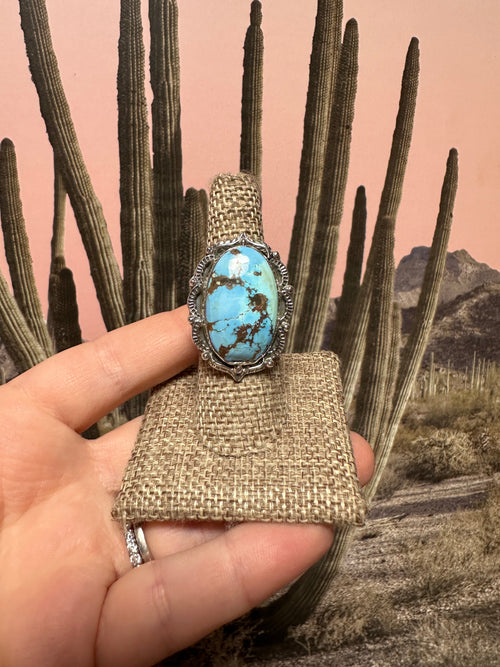 Beautiful Handmade Golden Hills Turquoise And Sterling Silver Adjustable Single Stone STATEMENT Ring