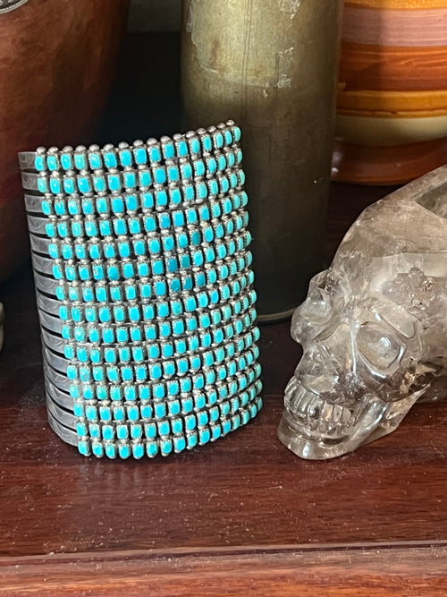 Stunning Old Pawn 15 Row Zuni Sterling Silver & Turquoise Gauntlet Style Cuff Bracelet by Clark Couyancy