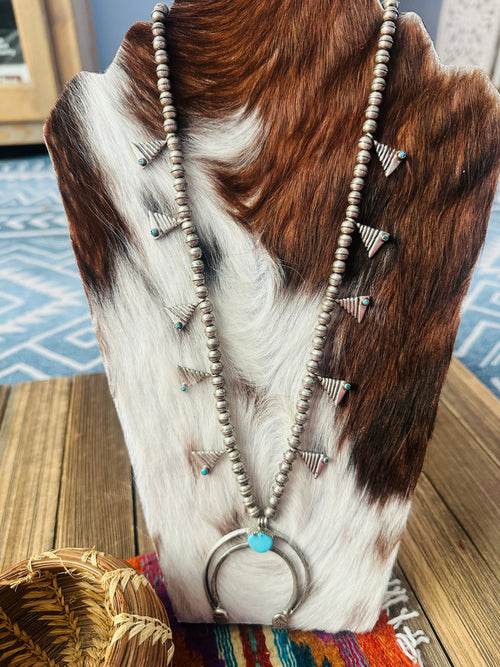 Old Pawn Handcrafted Turquoise & Sterling Silver Squash Blossom Necklace
