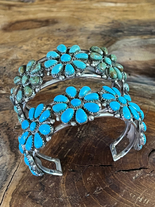 Old Pawn Navajo Sterling Silver and Mixed Turquoise Daisy Cluster Cuff Bracelet, Signed MA