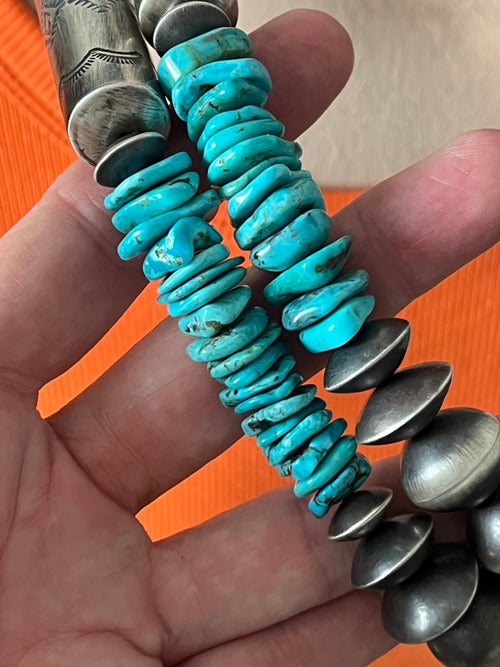 Navajo Sterling Silver and Kingman Turquoise Handmade Beaded Necklace by Rose Martin, 24 + 1-1/2 inches