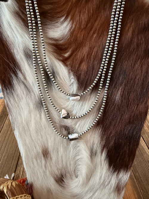 Handcrafted White Buffalo & 3mm Sterling Silver Pearl Beaded Necklace
