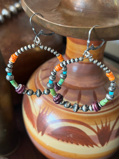 Navajo Made Electric Rainbow 2 Inch Sterling Silver, Turquoise & Spiny Oyster Beaded Hoop Earrings, Leverback