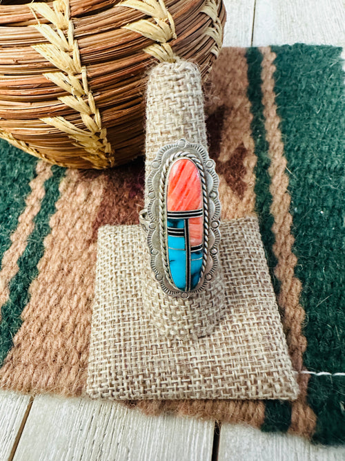 Old Pawn Handcrafted Multi Stone & Sterling Silver Inlay Ring Size 8.5