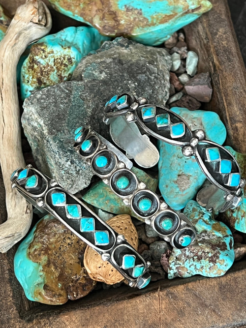 Vintage Zuni Sterling Silver and Four Diamond Turquoise Panel Stacker Cuff Bracelet