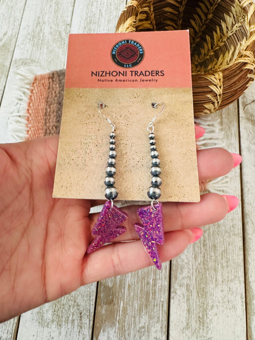 Summer Lovin’ Navajo Sterling Silver Pearl Beaded Fire Opal Lightning Bolt Dangle Earrings