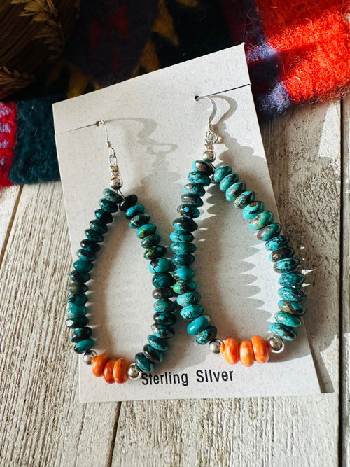 Navajo Turquoise, Spiny & Sterling Silver Beaded Hoop Earrings