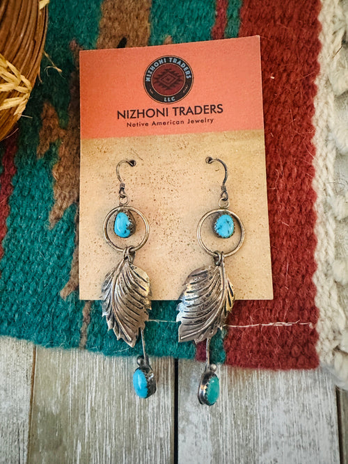 Old Pawn Navajo Sterling Silver & Turquoise Feather  Dangle Earrings