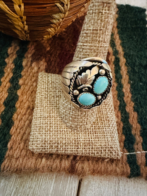 Old Pawn Handcrafted Turquoise & Sterling Silver Ring Size 10