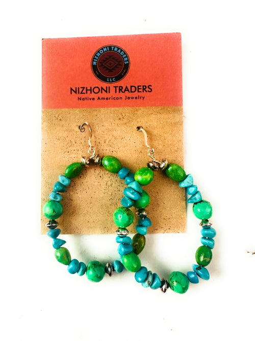 Navajo Kingman Turquoise & Sterling Silver Beaded Hoop Earrings