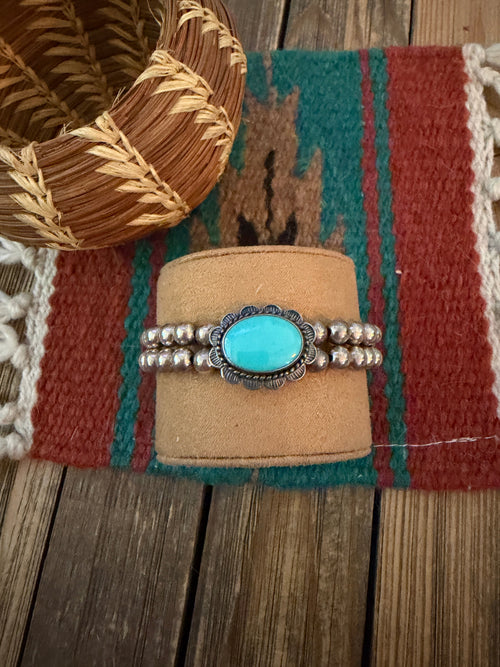 Handcrafted Old Pawn Sterling Silver Pearl & Turquoise Beaded Cuff Bracelet