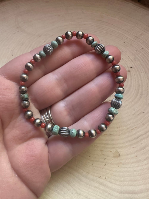 Handmade Turquoise, Coral & Sterling Silver Beaded Stretch Bracelet