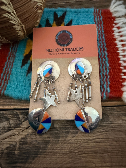 Old Pawn Handcrafted Sterling Silver & Multi Stone Dangle Earrings
