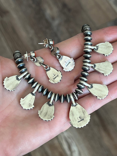 Navajo Made Sterling Silver Electric Rainbow Beaded Drop Charm Necklace & Earrings Set by Loretta Delgarito