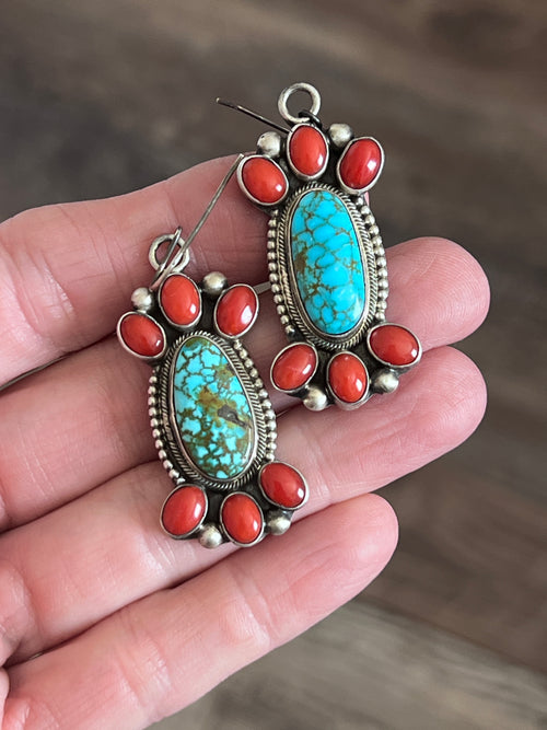 Taos Collection: Kathleen Chavez Sterling Silver, Kingman Turquoise & Mediterranean Coral Necklace and Earrings Set