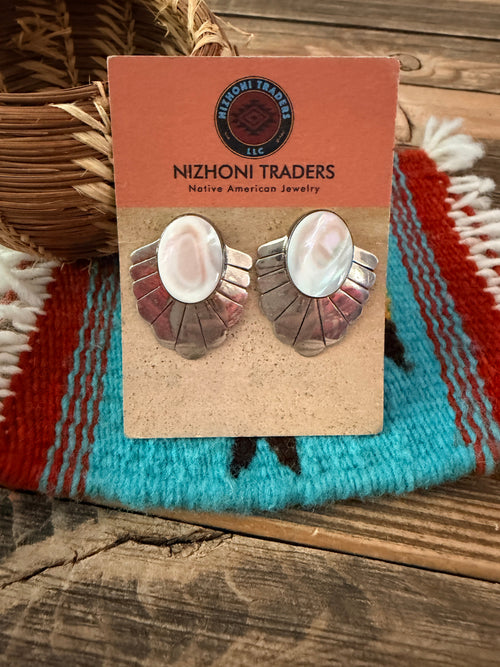 Old Pawn Handcrafted Sterling Silver & Mother of Pearl Post Earrings