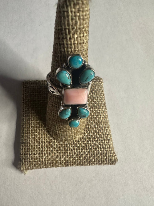 Beautiful Handmade Turquoise, Pink Conch And Sterling Silver Adjustable Ring 2