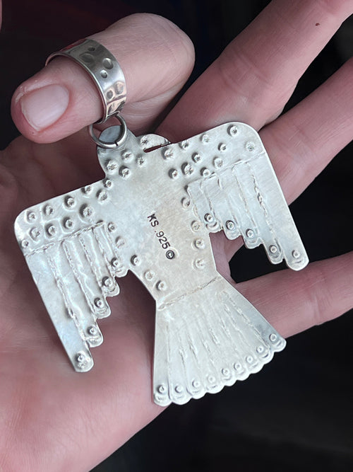 Kimari Somers Hand Stamped Sterling Silver & Kingman Turquoise Thunderbird Pendant 6
