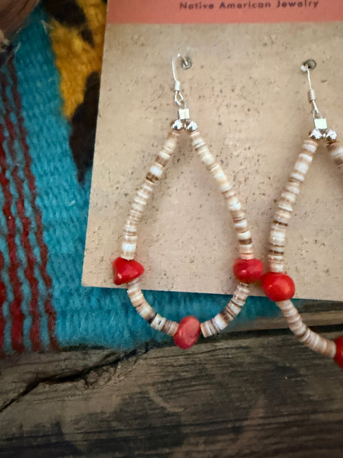 Handcrafted Heishi Shell & Coral Beaded Dangle Hoop Earrings
